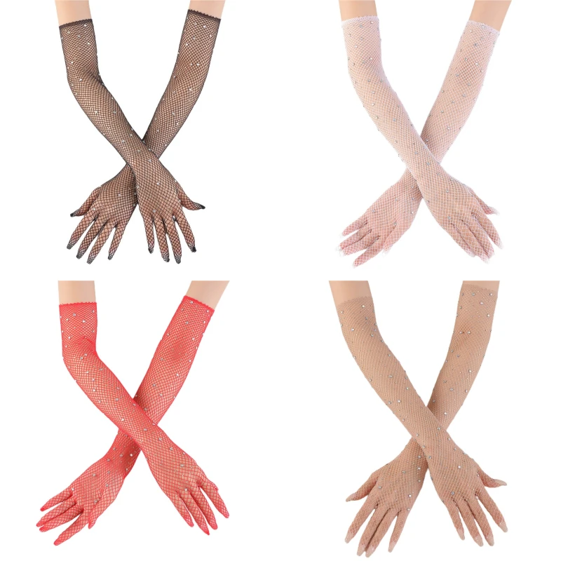 

Long Gloves Women's Sexy Mesh Hollowed Out Black White Red Gloves Shiny Rhinestone Deco Party French Retro Style Fishnet Gloves
