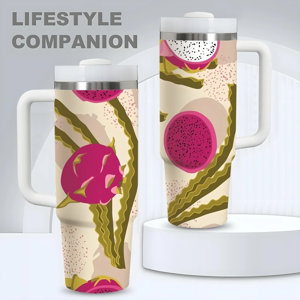 Termo de acero inoxidable de 40 oz con diseño de semillas negras de pitaya, aislamiento al vacío, con pajita y taza de viaje a prueba de fugas