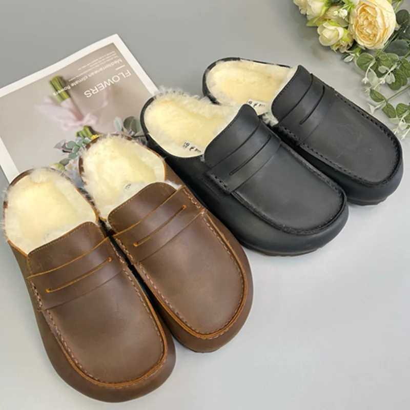 

Jenny&Dave French Vintage Slippers Mules Shoes Woman Shoes Shoes For Woman Round Toe Loafers With Fleece Wool Snow Shoes
