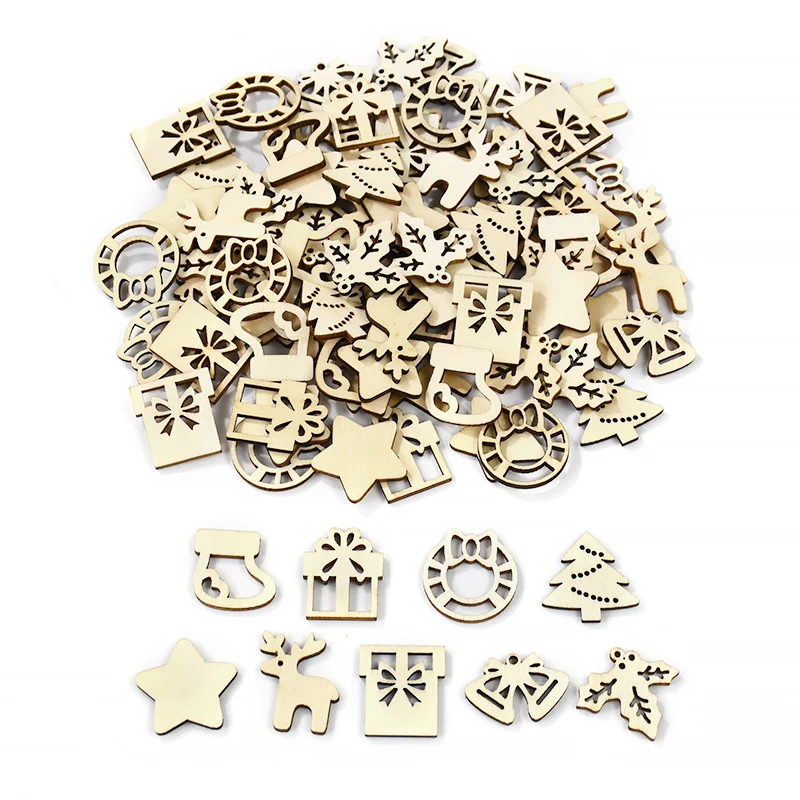 50/100PCS Christmas Natural Wooden Chip Ornament Claus Snowflake Wood Slices DIY Craft Xmas Tree Pendant Navidad Party Decoation