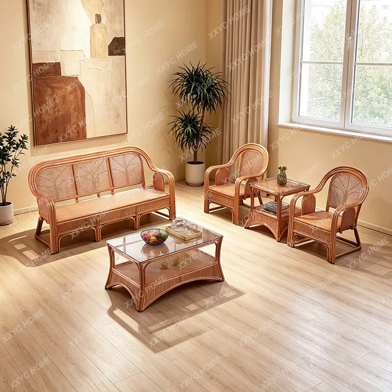 Country Classic Natural Rattan Full True Rattan Sofa Three-person Rattan Sofa