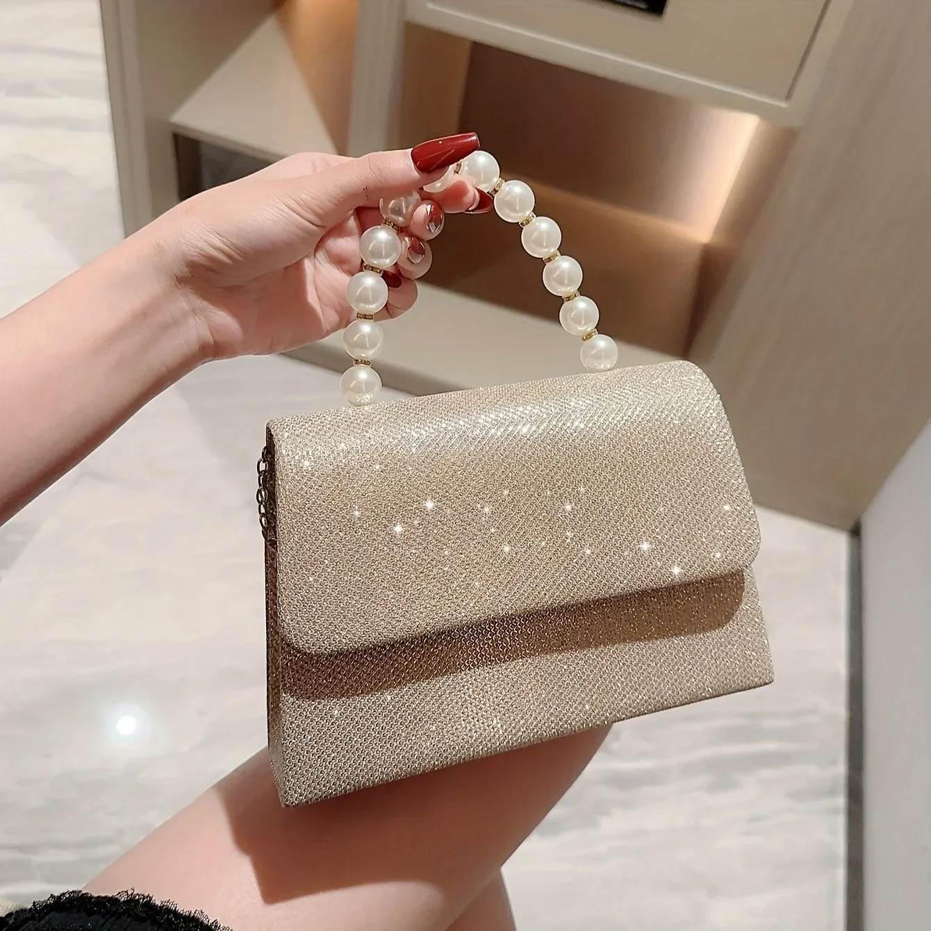 Evening handbag with rhinestone for women, square pearl handbag, bride's handbag with glossy top, new fashion style