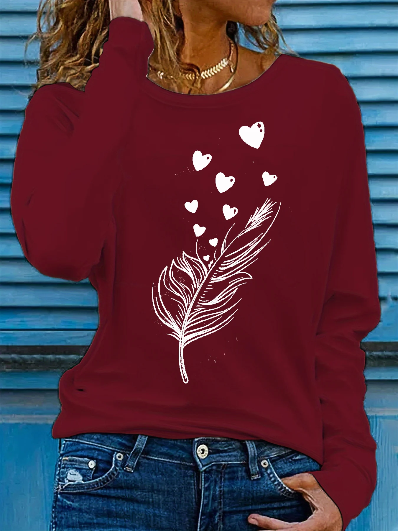 

Женская весенне-осенняя свободная удобная футболка из 100% чистого хлопка с круглым вырезом и длинными рукавами с принтом перьев