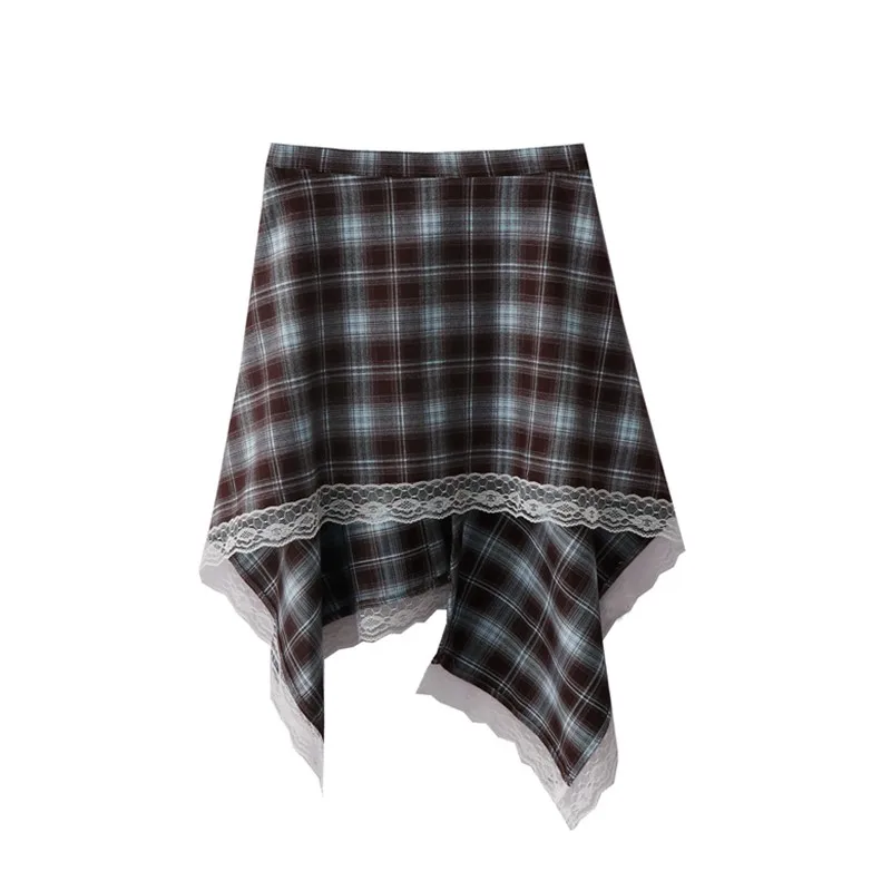กระโปรงลูกไม้เอวสูงสไตล์ Y2K สำหรับผู้หญิง ลายสก็อตแบบเรโทร แต่งผ้าปะติด ผูกเชือกแบบไม่สมมาตร ซ่อนสัดส่วน ซ้อนทับเป็นชั้นๆ แฟชั่น ﻿