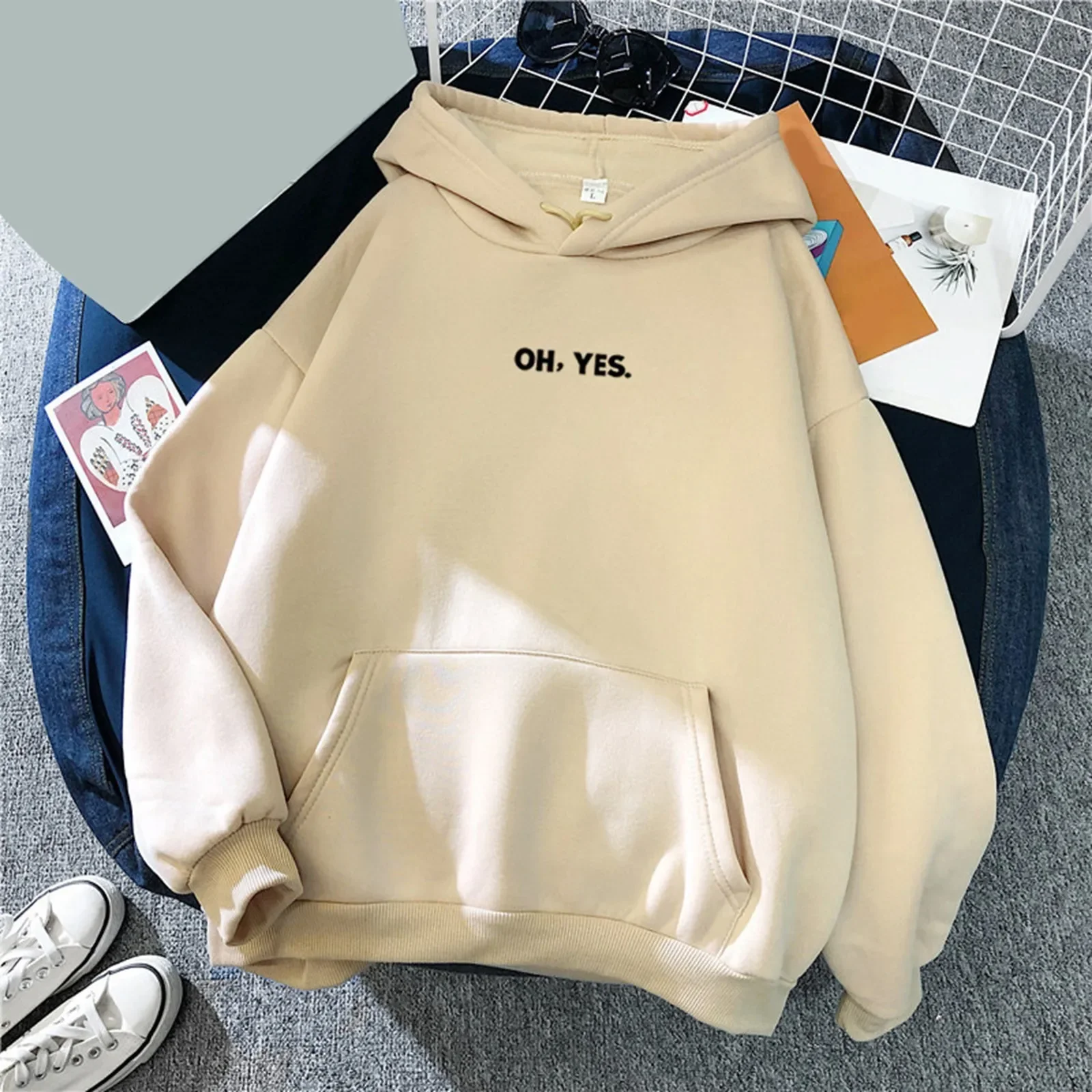 

Oh Yes Letter Print Women'S Casual Loose Autumn Winter Hoodie Cute and Trendy Pullover Sweatshirt with Hem Winter Clothes Women