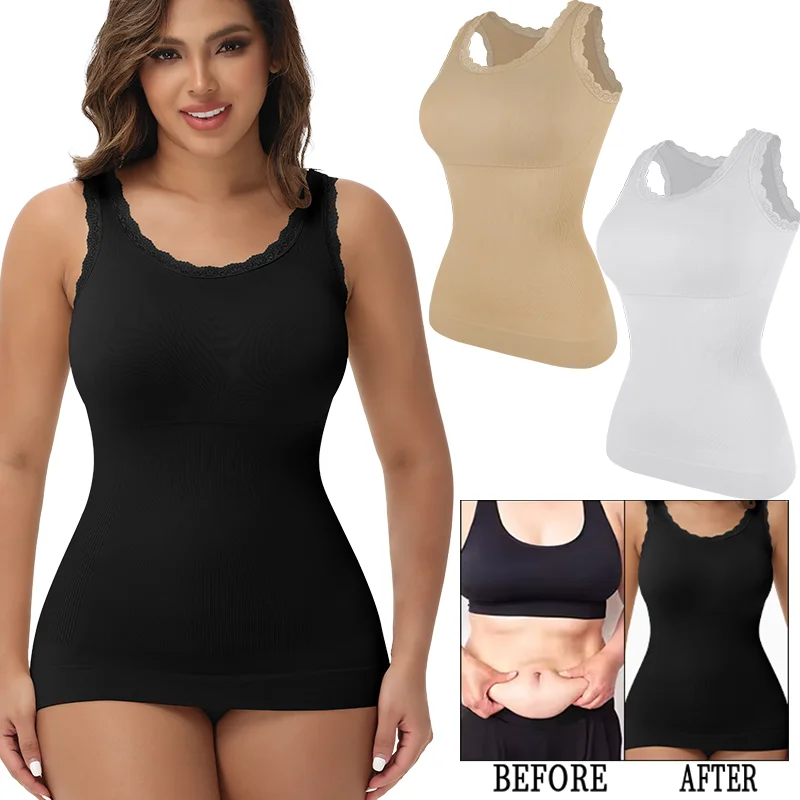 

S-3XL Tummy Control Shapewear Women Sexy Lace Strap Camisole Lingere Compression Tank Top Seamless Waist Trainer O Neck Vest