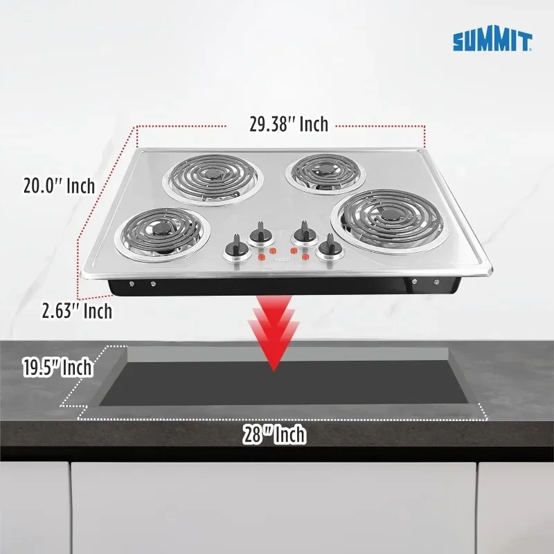 Cooktop elétrico de 30" com 4 queimadores, fogão elétrico com bobina de 230 volts, compatível com ADA, aço inoxidável - CR430SS