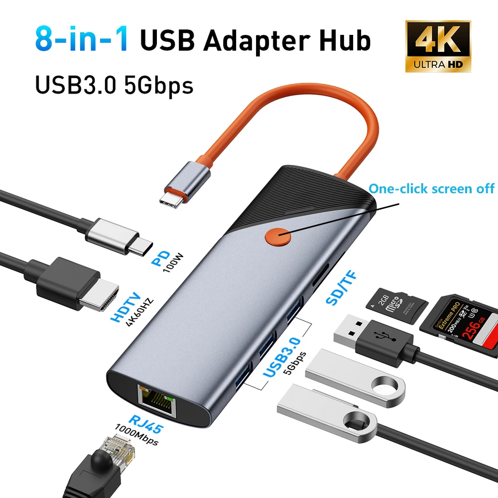 8-in-1 USB C Hub,4K60Hz HDTV,OneTap Screen Off,3 USB 3.0 5Gbps,Gigabit Ethernet 1000Mbps,SD/TF Reader,PD 100W for Laptop Desktop
