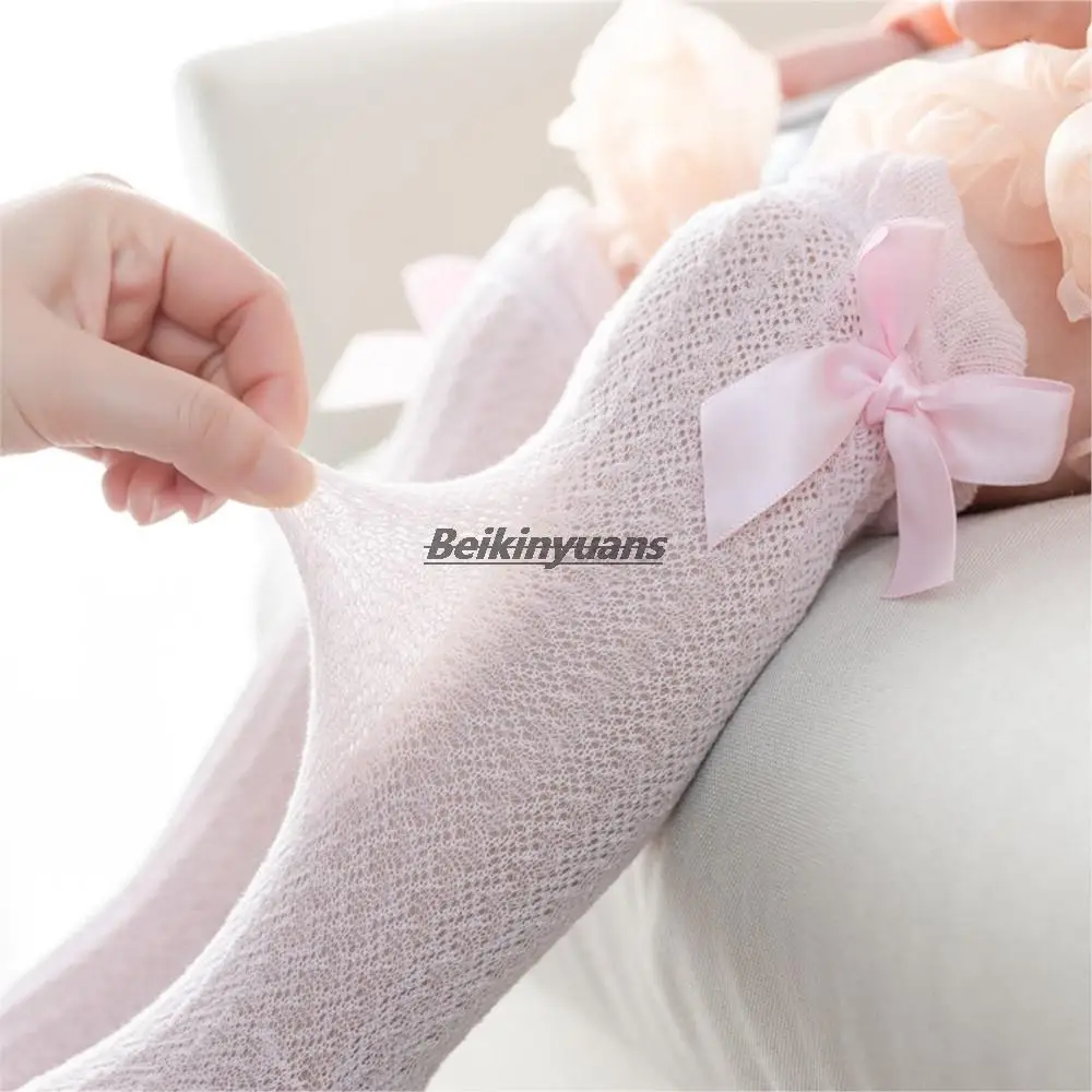 Chaussettes en maille à nœud papillon pour enfants, chaussettes d'été fines Anti-moustique pour bébés filles, chaussettes à rayures, princesse, jambes chaudes