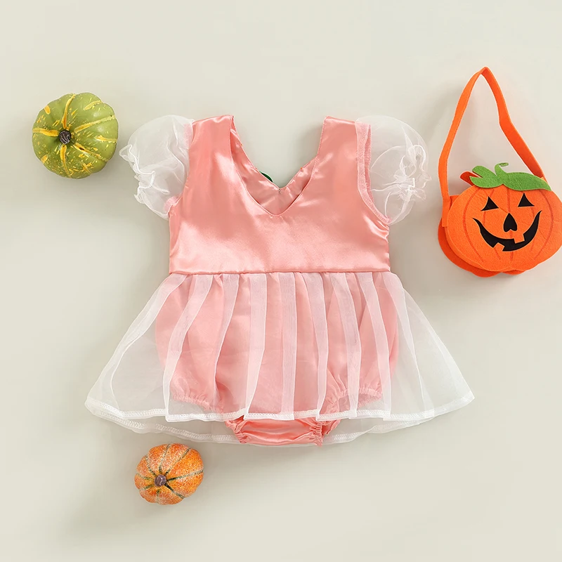 

Toddler Girls Halloween Pumpkin and Skull Print Mesh Romper Dress with Short Sleeves - Adorable Jumpsuit for Baby