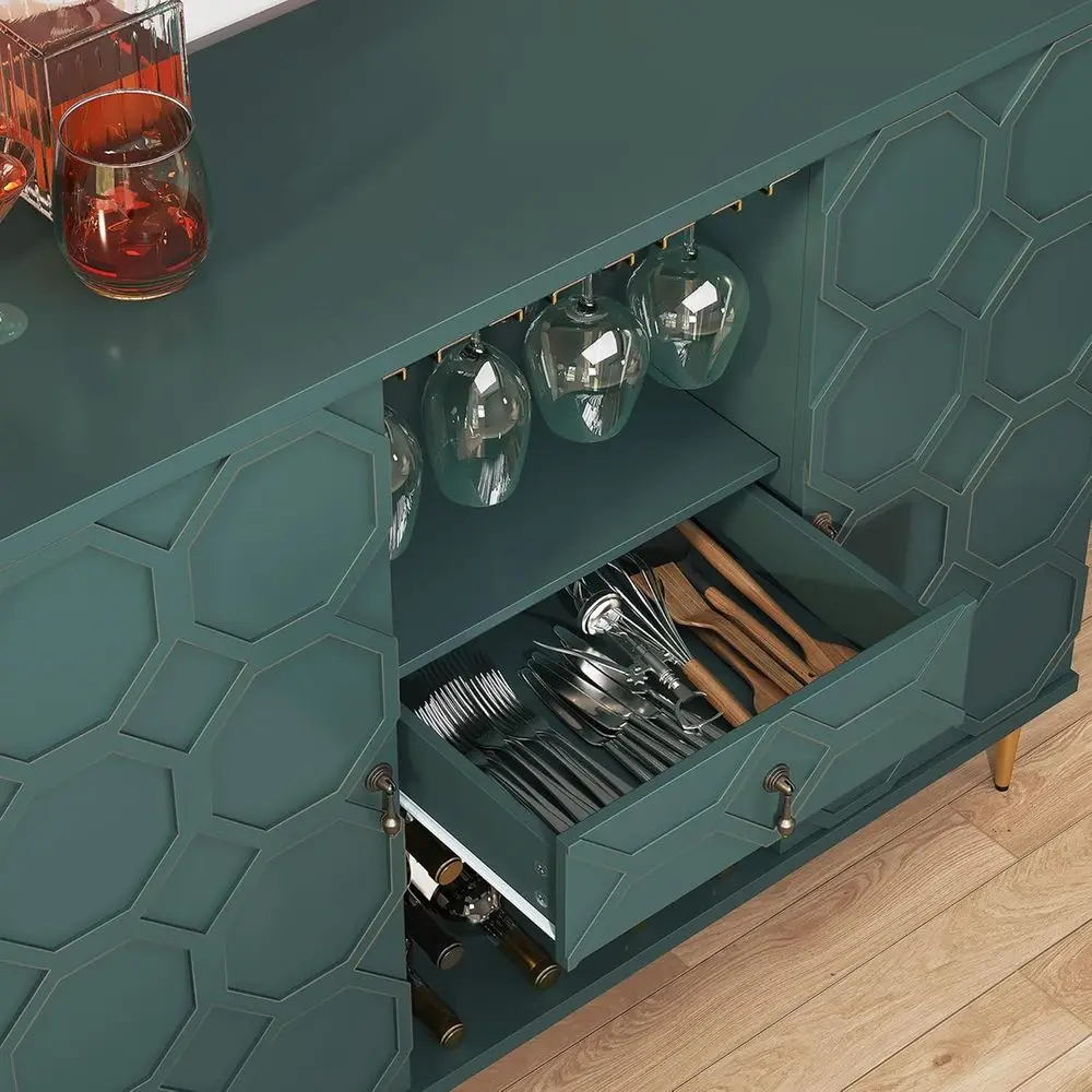 Green Geometric Door Sideboard with Wine Glass Racks and Shelves for Dining, Living, and Kitchen Areas