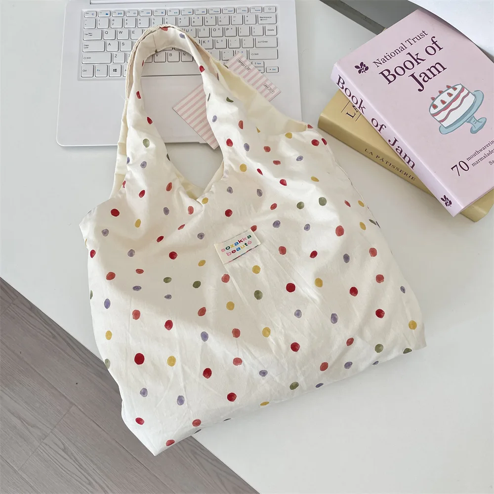

New Beach Tote Bag Fashion Women Canvas Summer Large Capacity Dots Shoulder Bag Tote Handbag Shopping Shoulder Bags