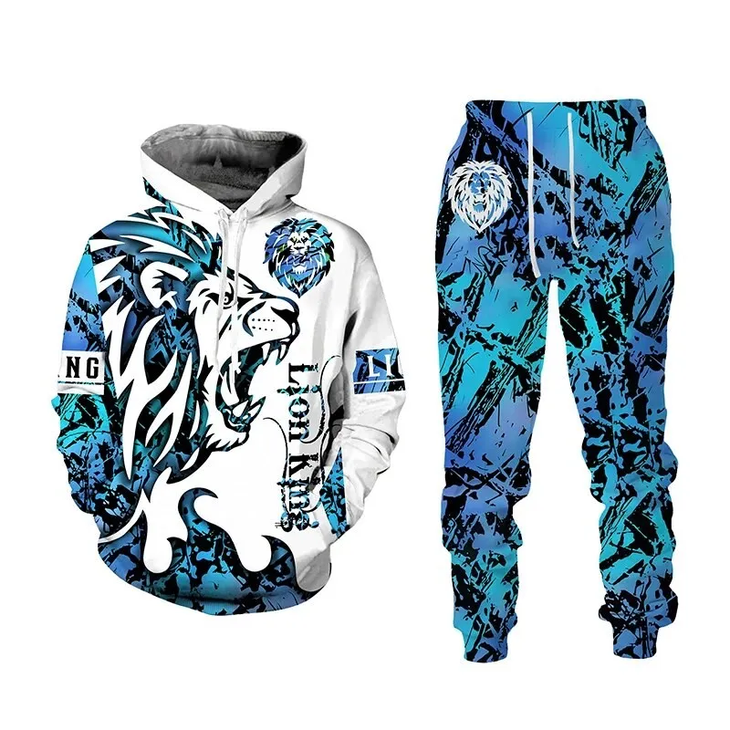 

Autumn New Lion Hoodie 3D Printing Men's Sportswear Sweatpants 2PK Set Men Sweatshirt Pullover Fashion Men's clothing Suit