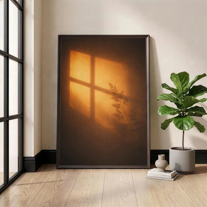 Cozy Sunset Window Shadow Plant Silhouette canvas painting Print Warm Botanical Poster Aesthetic Wall Art Minimalist home Decor