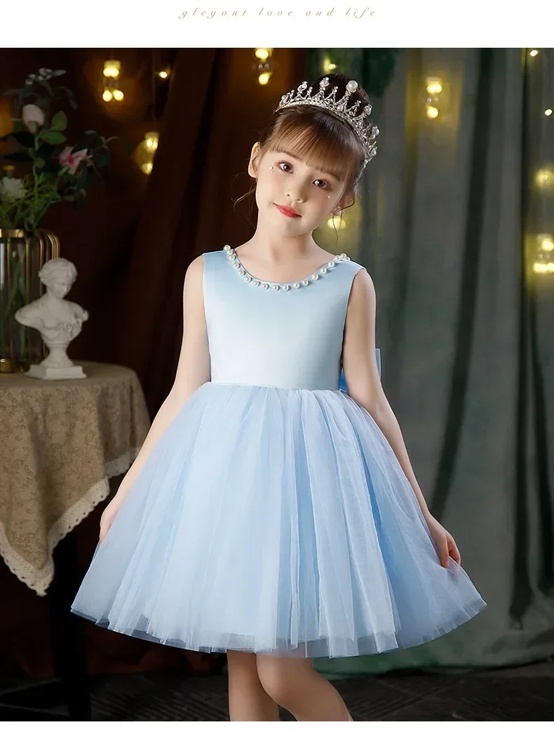 Elegante Prinzessin Kind Blumen mädchen Kleid Geburtstag Tüll knielange Bogen Perlen Hochzeits feier heilige Kommunion Kleid für Kinder Baby