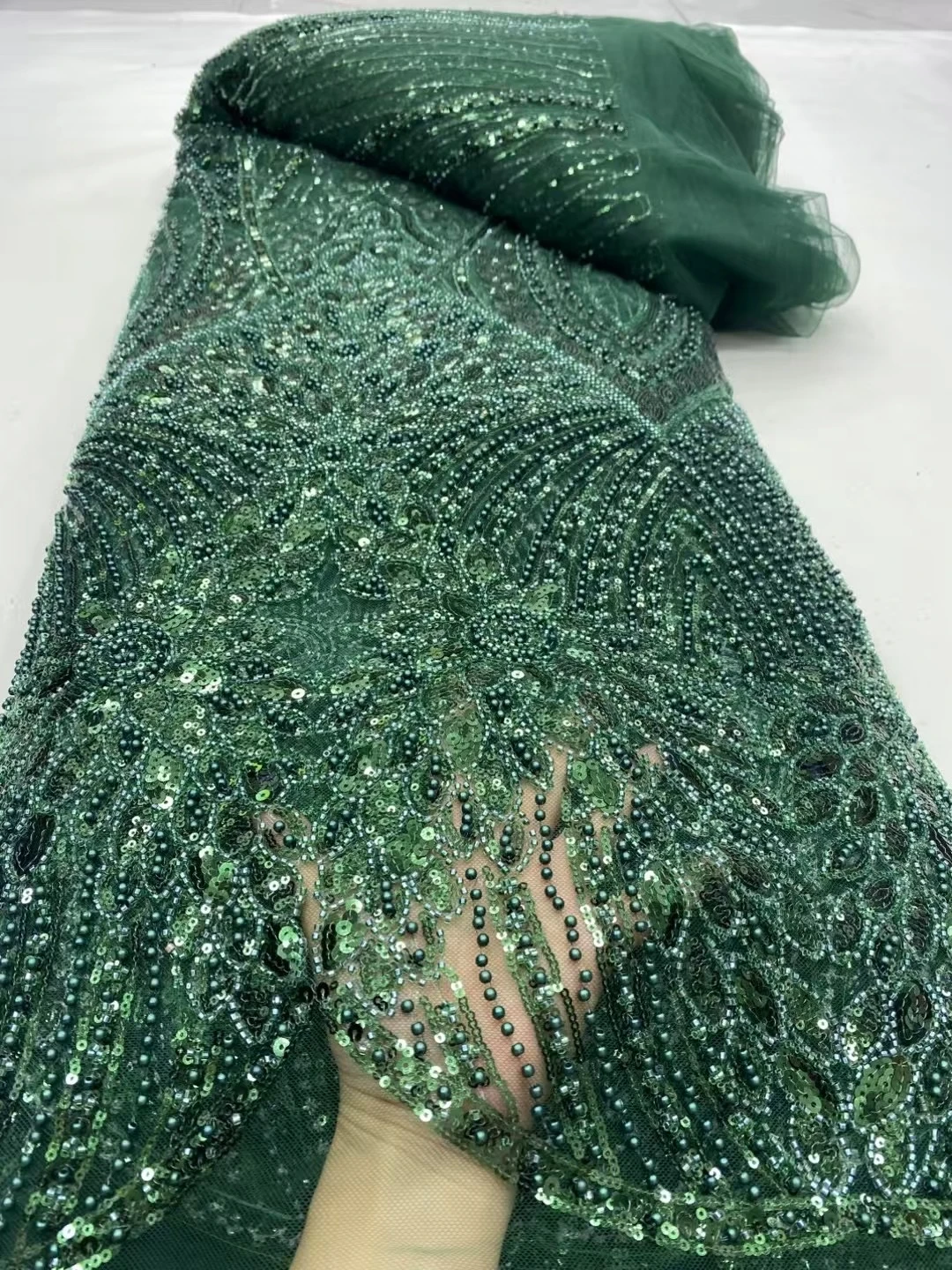 

2025Nigerian African French Guipure Tulle Lace Fabric Sequins Beaded Embroidery for Luxury Wedding Party Evening Dresses 5 Yards