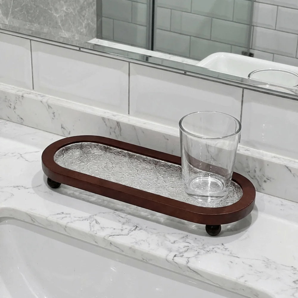 Embossed Pattern Oval Wooden Decorative Tray Round Ball Feet Large Capacity Toothbrush Cup Holder Space Saving 5