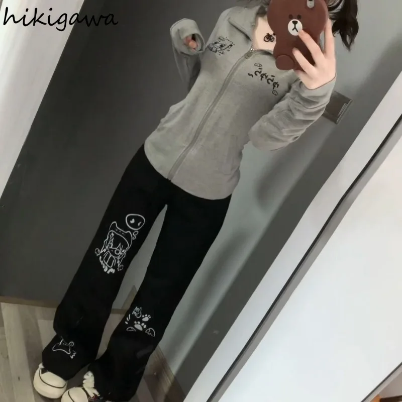 Japanese Cute Y2k Pants for Women High Waist Tunic Black Pantalon Femme Anime Print Casual Fashion Trousers 2024 New Bottoms