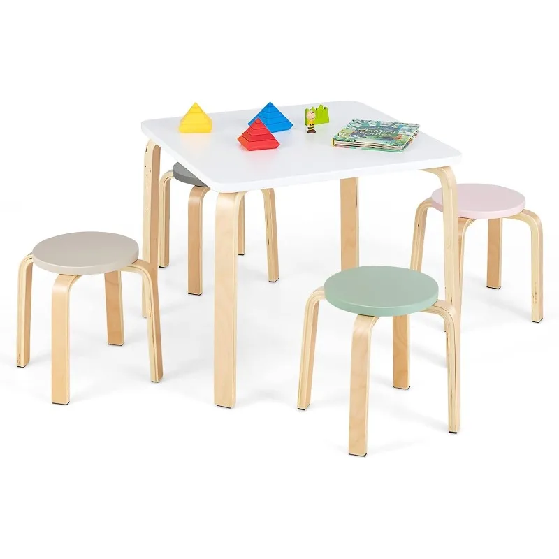 

INFANS Kids Wooden Table and Stool Set,5-Piece Activity Table with 4Stools for Toddler Building Block Drawing Reading Art Crafts