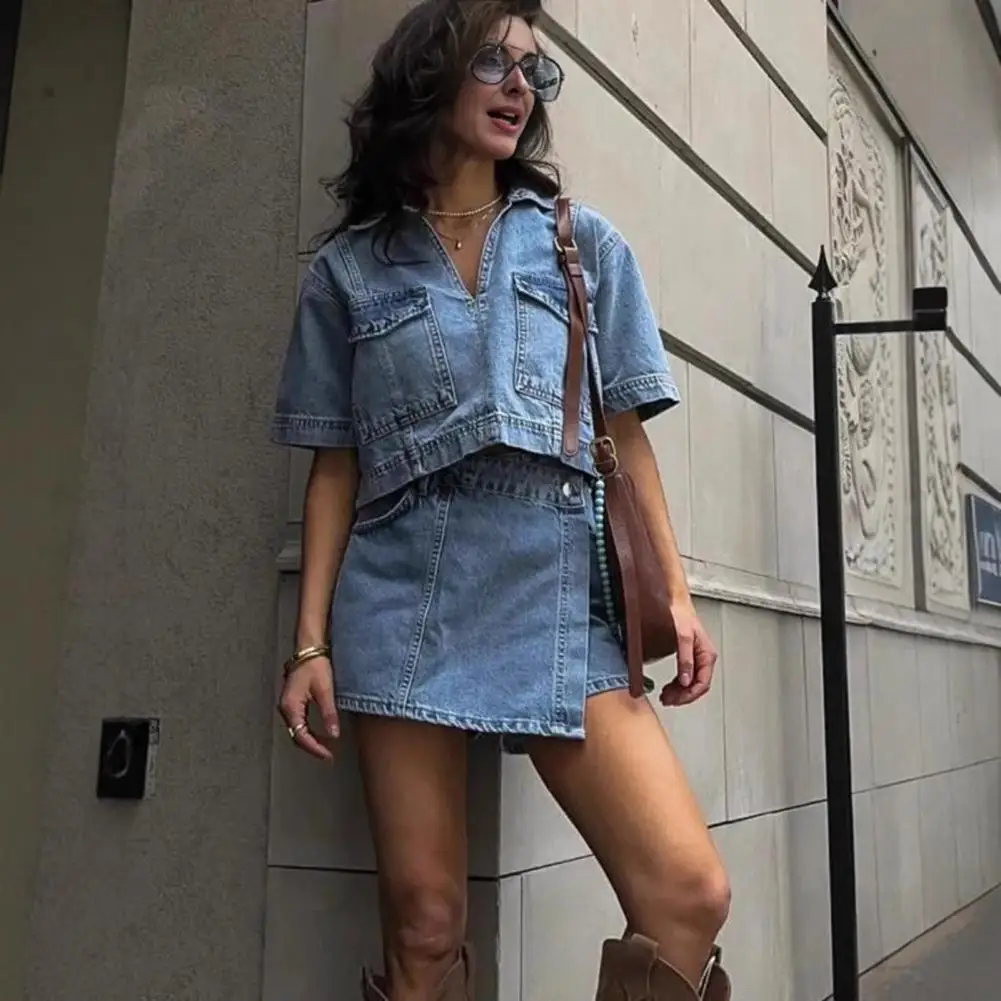 

Classic Color Women Outfit Women's Denim Crop Top High Waist Skirt Set Short Sleeve V Neck Outfit Summer Streetwear for Women