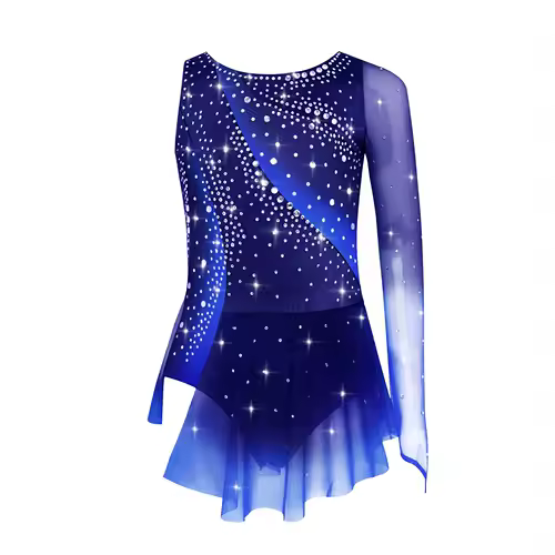 Kids Girls Figure Skating Rhythmic Gymnastics Leotard Dress Asymmetrical Split Shiny Rhinestones Contrast Color Dress Ballerina - Image 23