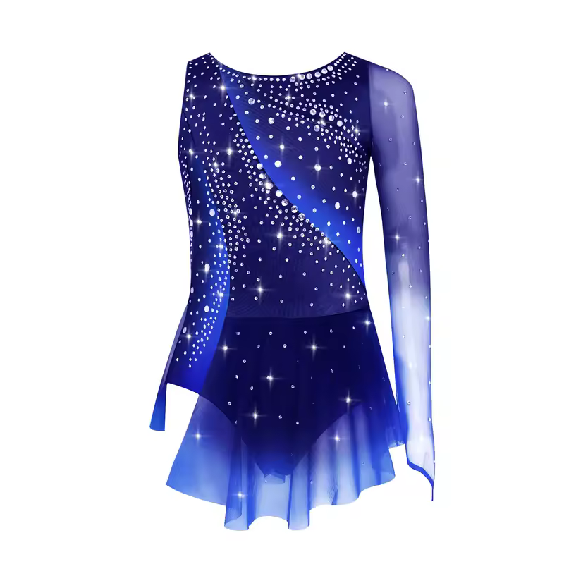 Kids Girls Figure Skating Rhythmic Gymnastics Leotard Dress Asymmetrical Split Shiny Rhinestones Contrast Color Dress Ballerina - Image 23