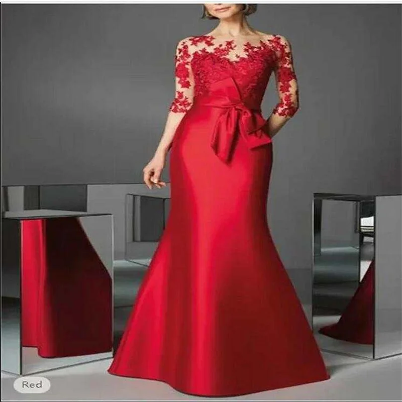 

O Neck Applique Lace Wedding Party Dress Red Mother of the Bridal Elegant Party Dresses Long One-Piece Dress Gown Customized