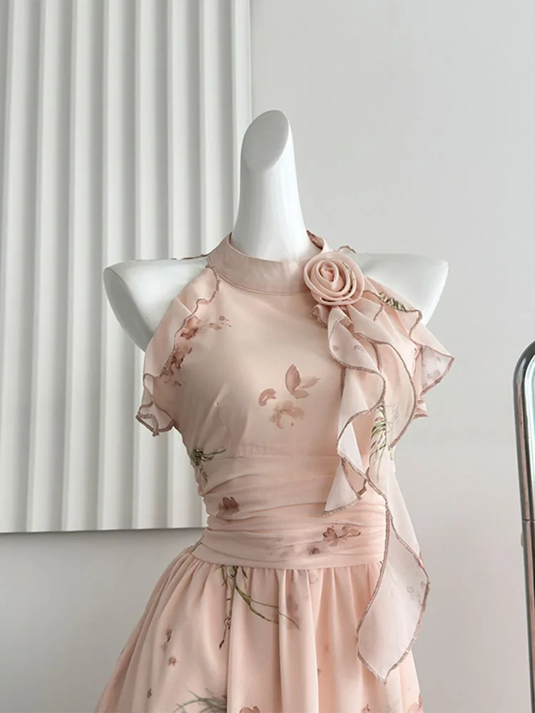 Nuovo Design moda elegante Ruffle Slim abito floreale donna rosa o-collo abito senza maniche estate 2000s abiti di un pezzo estetico