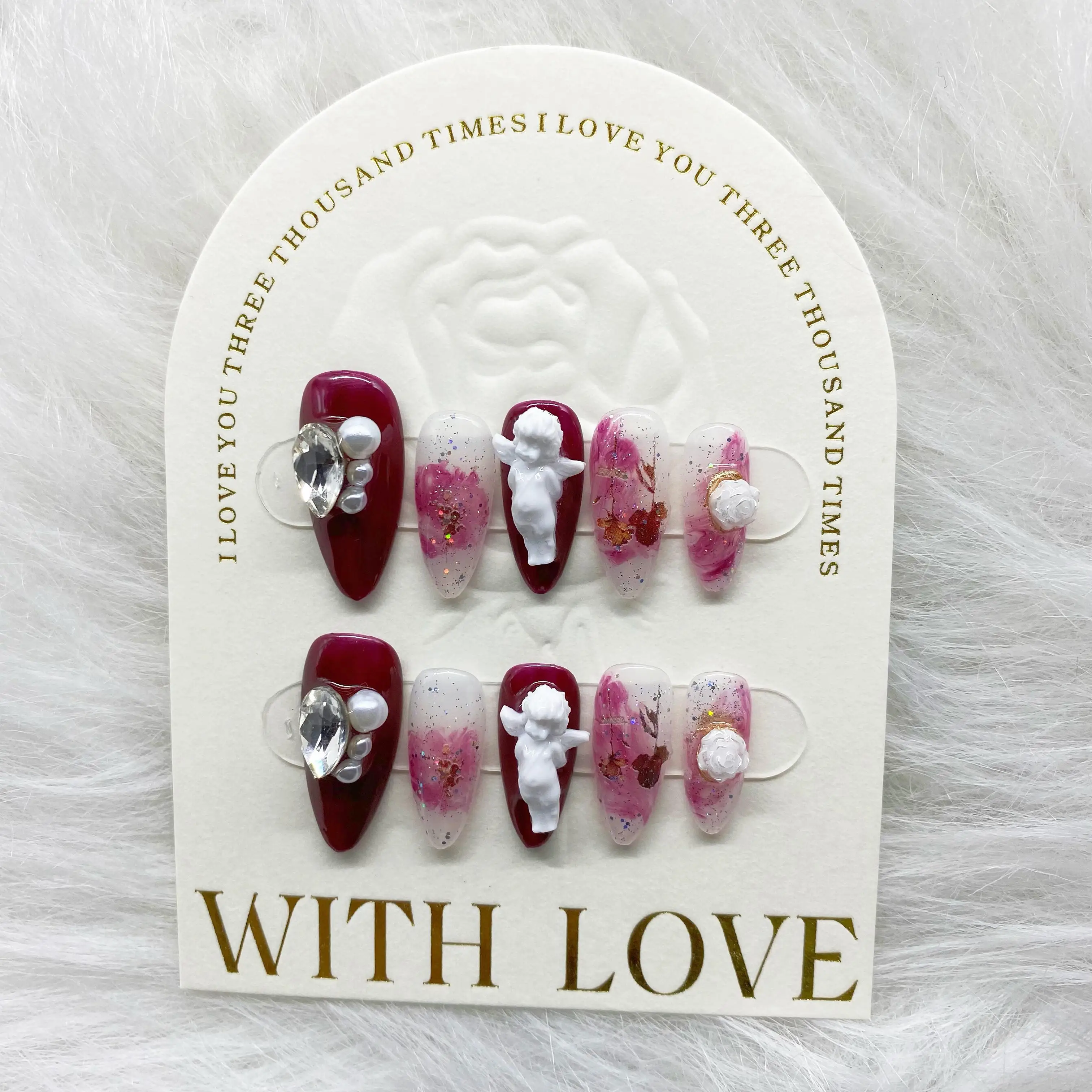 Luxurious Burgundy Dark Pearl Angel Detachable High-Quality Reusable Elegant White Press On Nails.No.D102