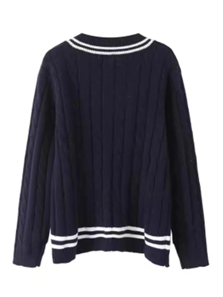 PUWD Casual Women Navy Retro V Neck Loose Sweaters 2022 Autumn Fashion Ladies Casual Female Knitted Cotton Sweaters