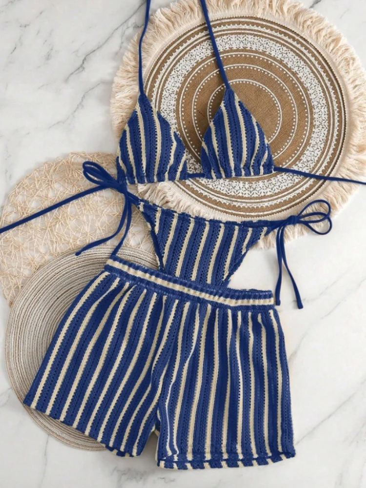 البوهيمي الكروشيه مجموعة البكيني 3 قطعة ملابس السباحة التستر الرباط عطلة الشاطئ الصيف النساء موضة 2025 جديد