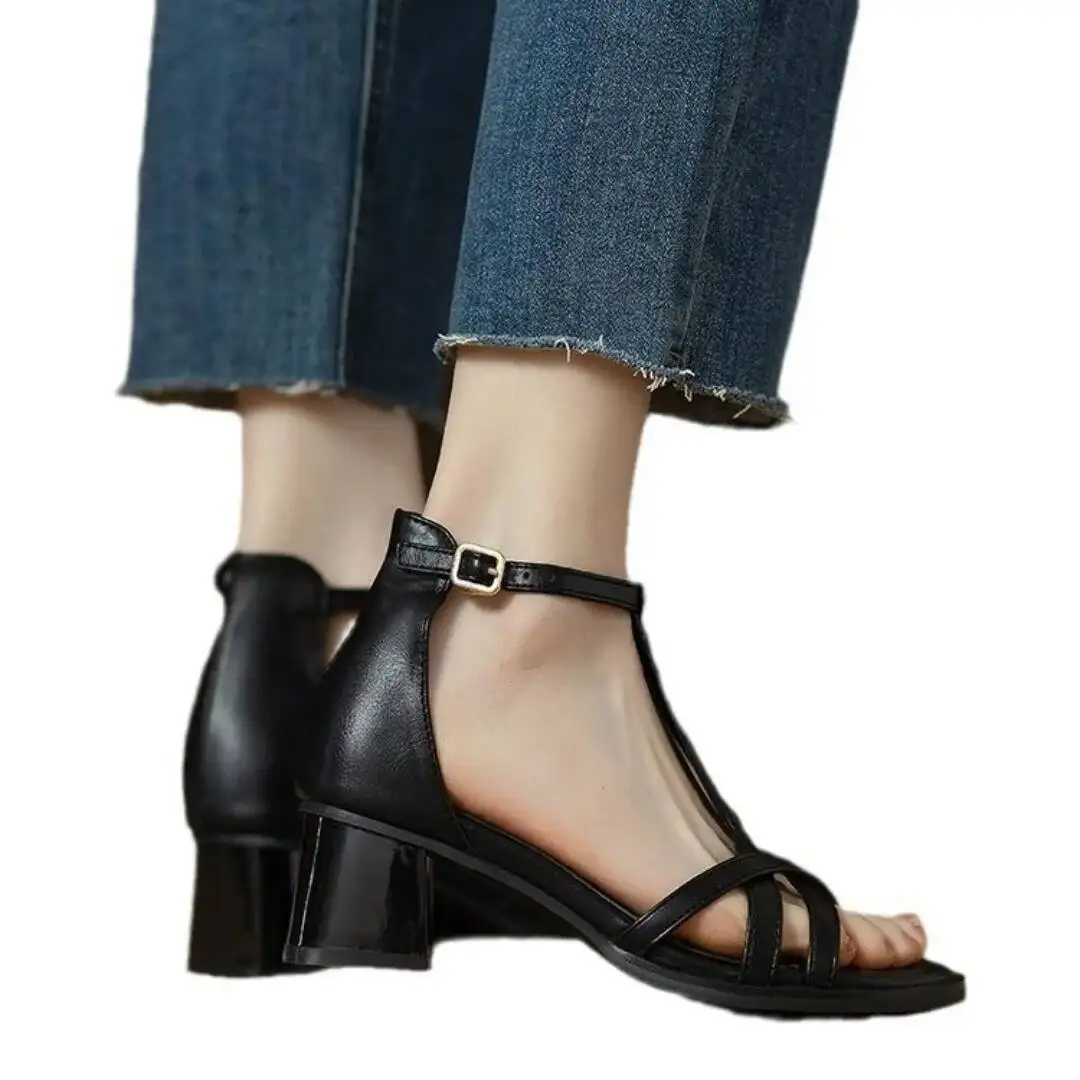 2025 Summer High Heel Sandals Women's Mid Heel Cross Strap Open Toe Sandals Soft Leather British Style Chunky Heels image 4
