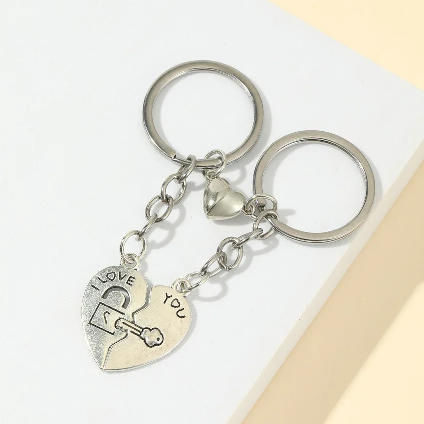 1 Pair Valentines Day Lovers Keychain Heart Shaped Lock and Key Anti Loss Couples Keyrings Girl Student Gift Bag Chain Pendant