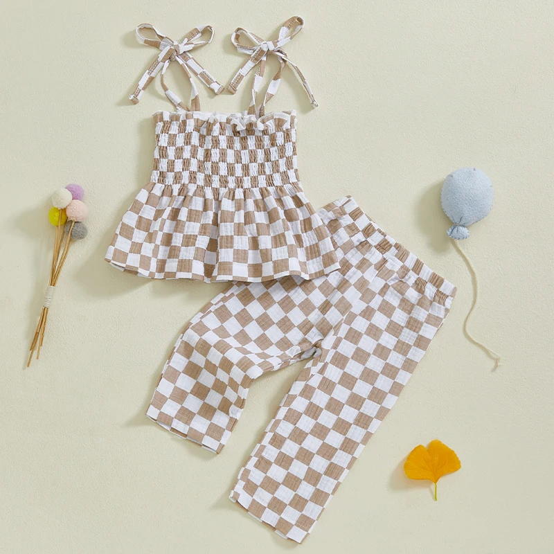 Little Girl Checkered Outfit, Tie Shoulder Shirred Babydoll Tops Elastic Waist Long Pants 2 Pcs Summer Set