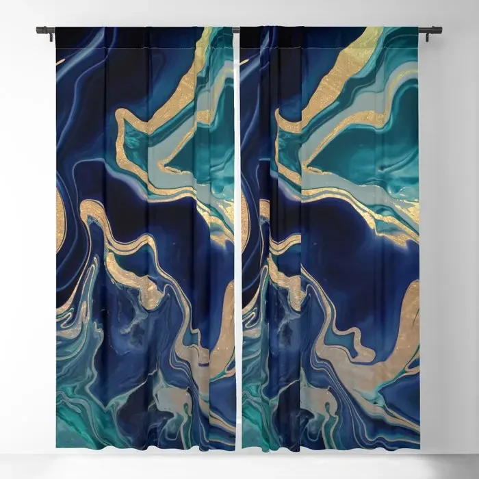 DRAMAQUEEN - GOLD INDIGO MARBLE Blackout Curtains 3D Print Window Curtains For Bedroom Living Room Decor Window Treatments