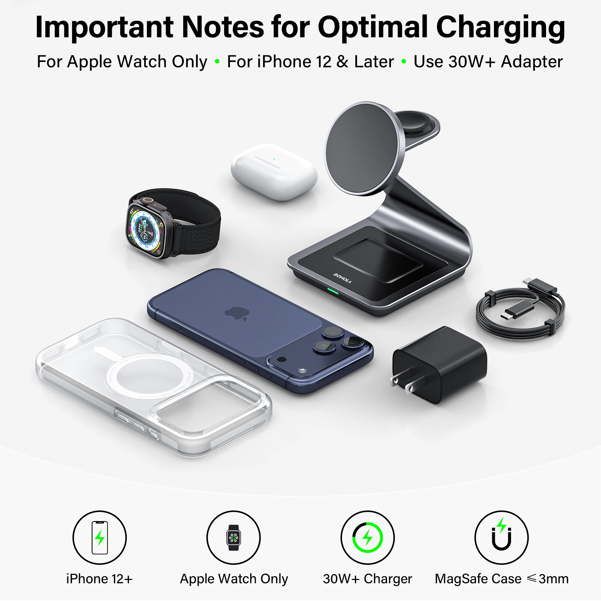 Bonola 3-in-1 Magnetische Kabellose Ladestation für iPhone 17/17 Pro Max/16/15 15W Kabelloses Laden für Apple Watch AirPods Pro – Detail 8