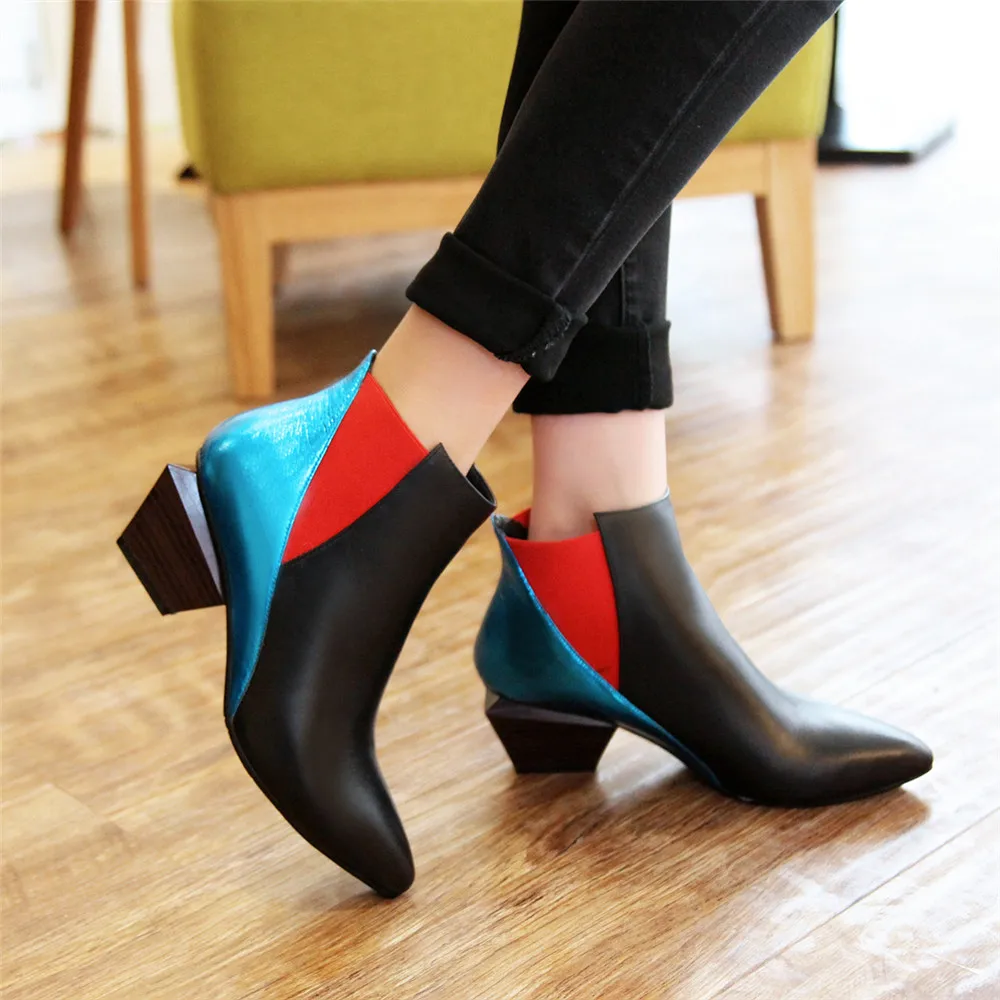 Chelsea Boots Autumn Ankle Boots for Women genuine leather Mixed color Pointed Toe irregular Square heels 34-41 HL002 MUYISEXI