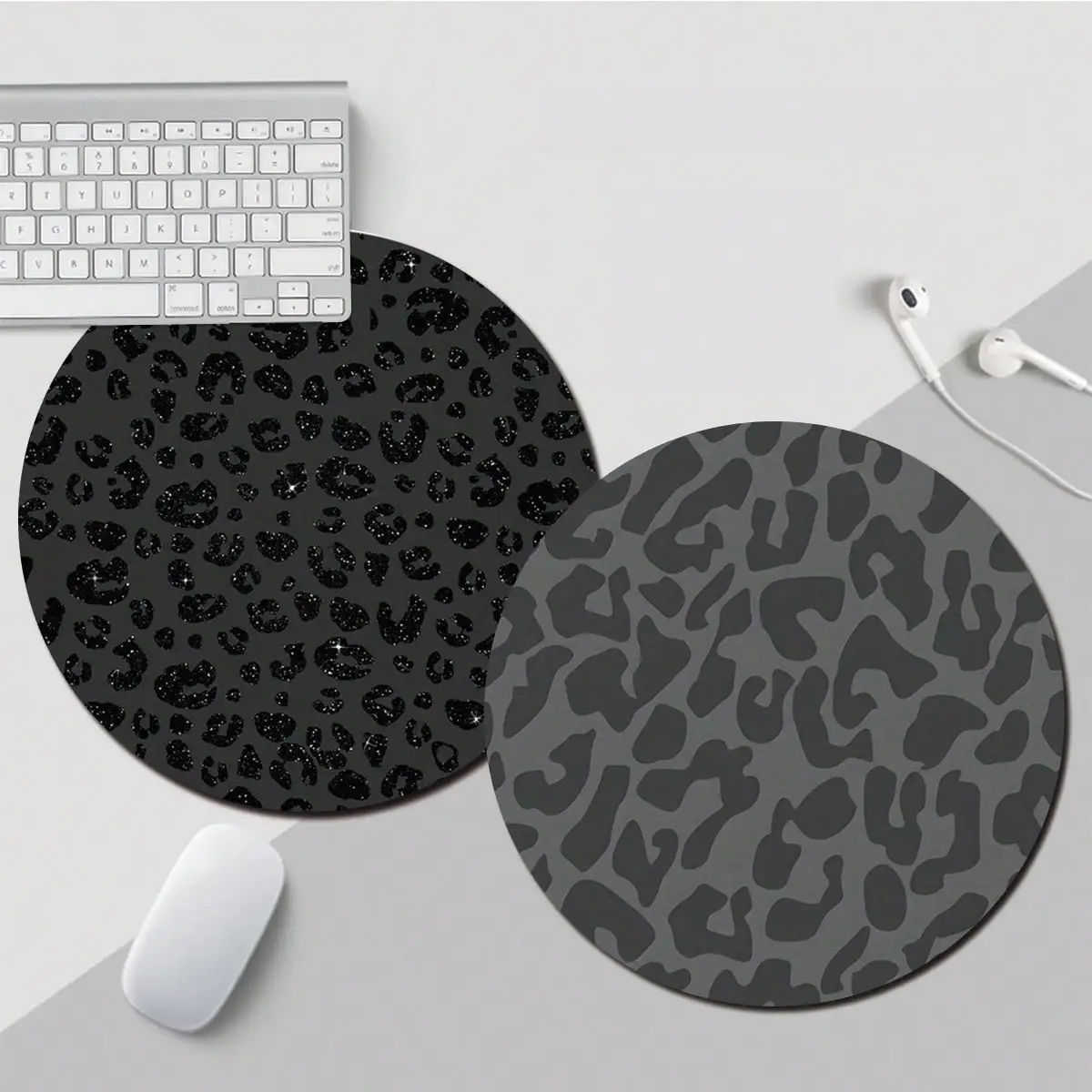 The black leopard print cute mouse pad with a round rubber anti-slip base is suitable for gamers and home use and is washable