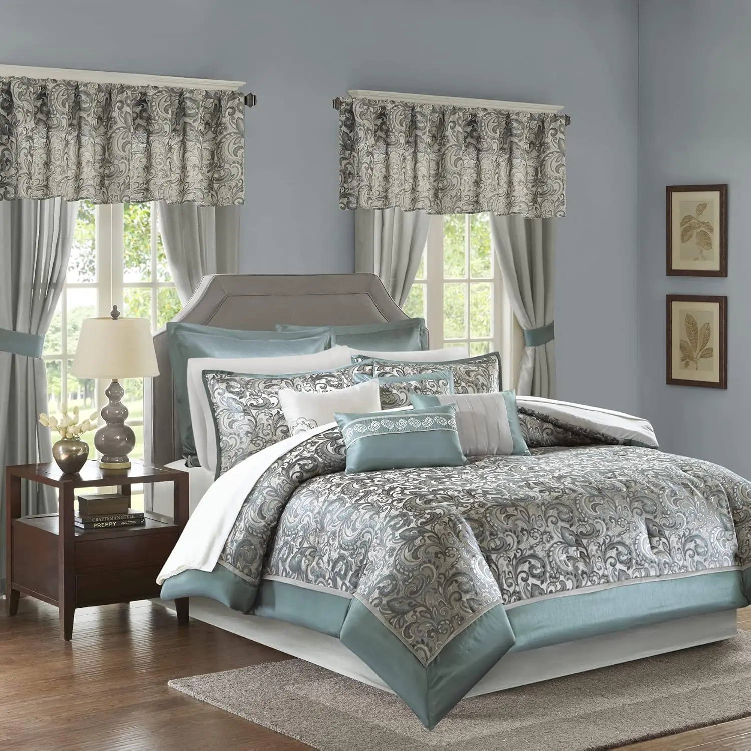 

24 Piece Faux Silk Paisley Queen Comforter Set with Matching Curtains, Down Alternative Hypoallergenic - Teal