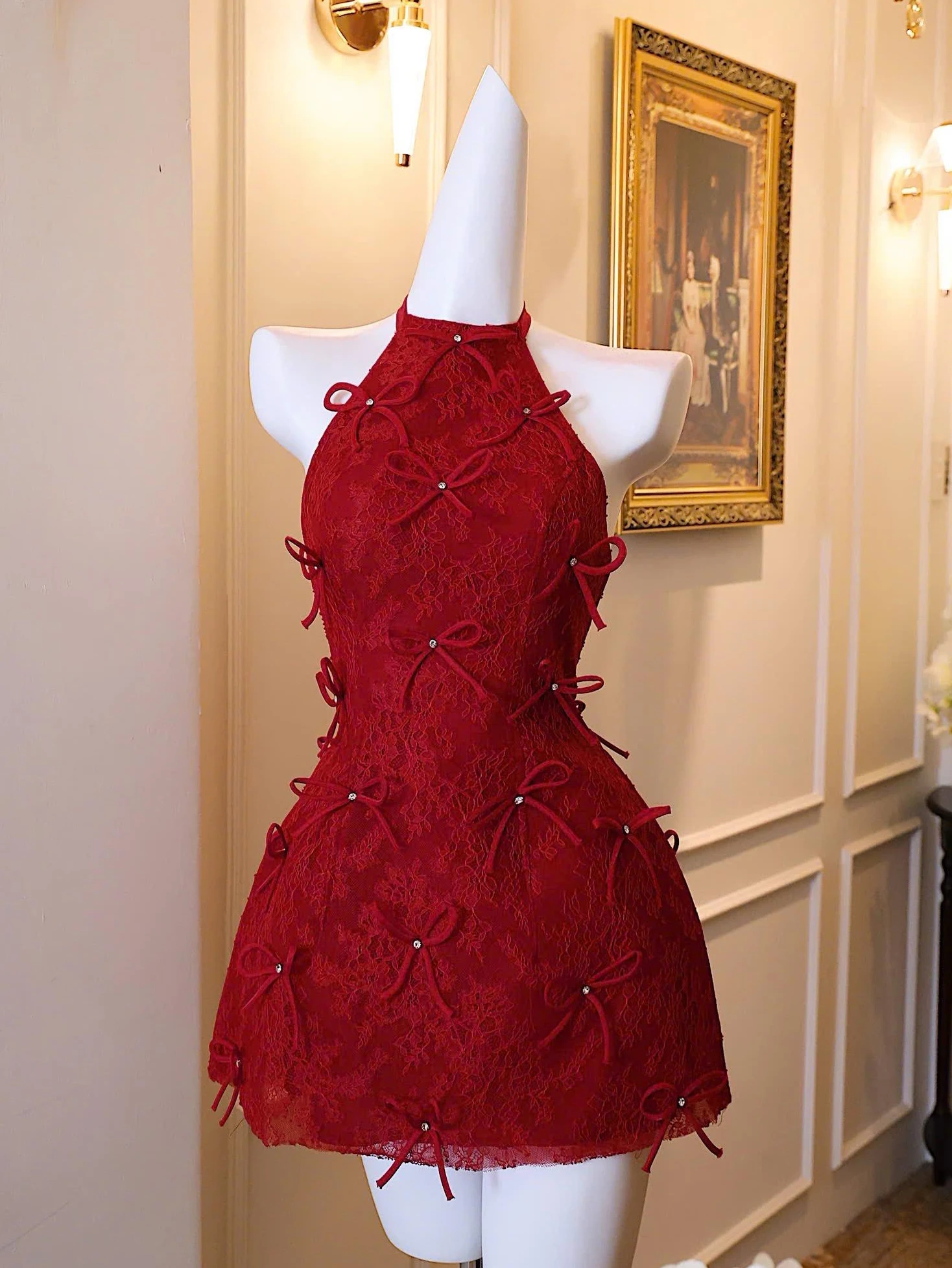 

Stunning Red Hanging Neck Dress Women's Summer Elegant Small Size Beautiful Party Dress Skirt High Waist A-Line Polyester