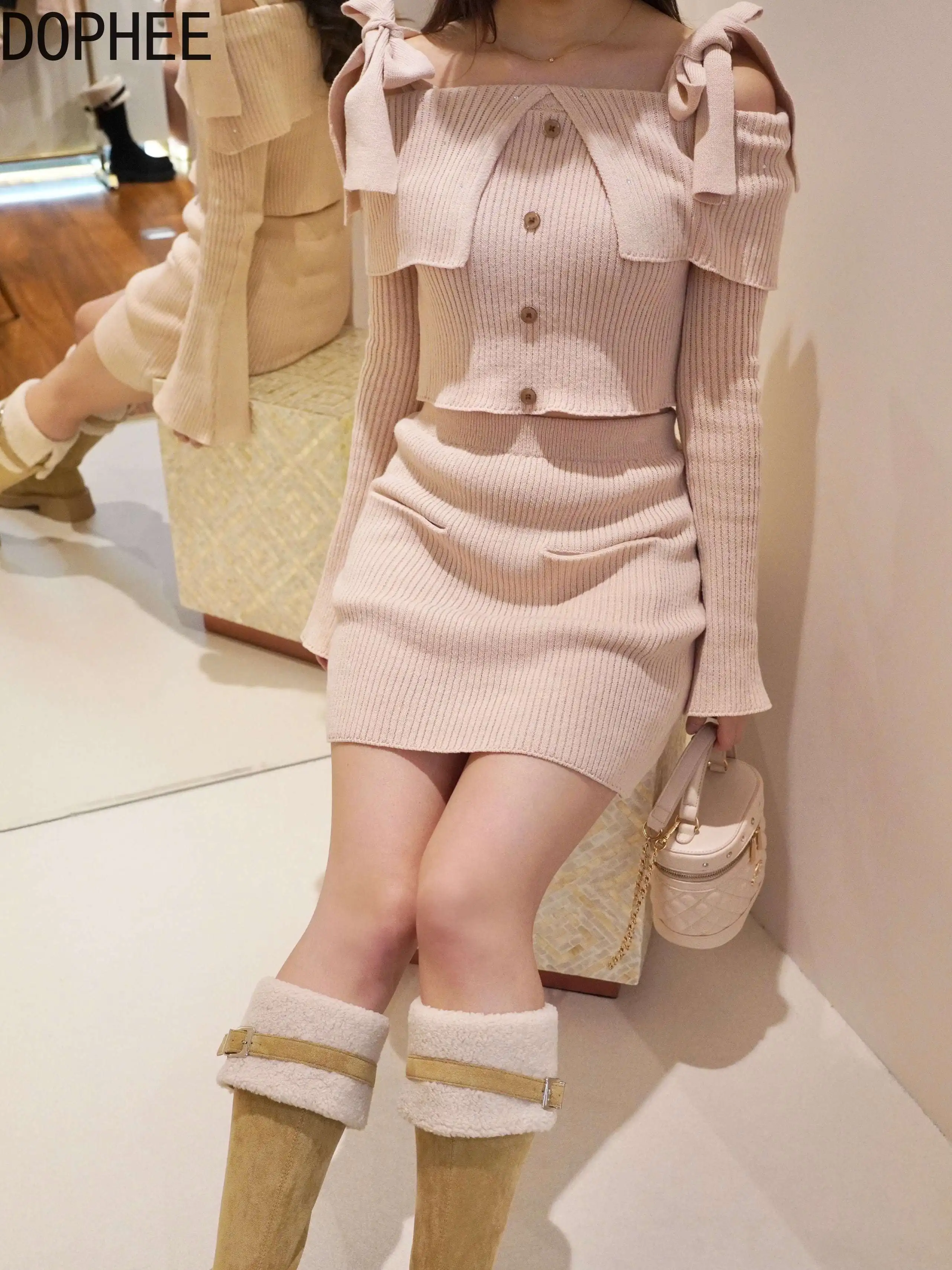 

Новые японские осенне-зимние женские комплекты с милым бантом и открытыми плечами, вязаный топ с разрезом на шее, элегантные костюмы с высокой талией и короткой юбкой-карандашом