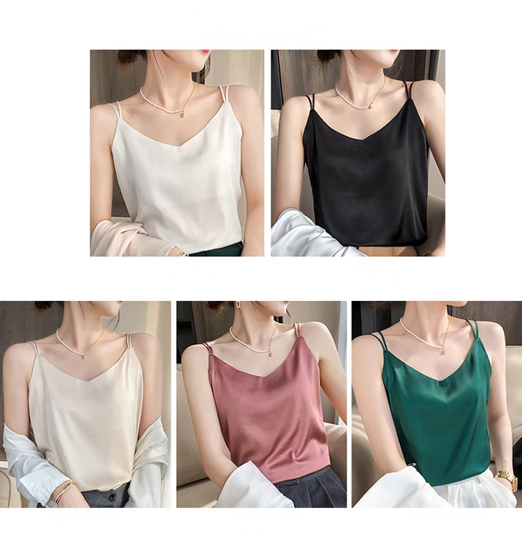 Women's Silk Sling Camisole V-neck Sleeveless Beautiful Back Crop Top Small Camis Bottom Shirt for Ladies