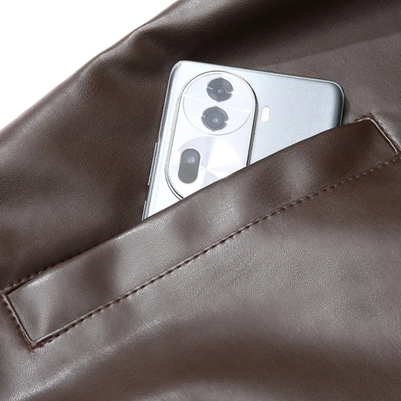 KIDWHXR Men Leather Jacket Thicken Fleece Windproof Waterproof Man Outerwear Punk Stand Collar Long Sleeve Zipper Male Coat