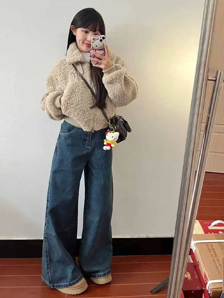 Damska zimowa kurtka z owczej wełny, modna, słodka, luźny krój, ocieplana, mały rozmiar, wysokiej jakości, wygodna w noszeniu, elegancki wygląd.