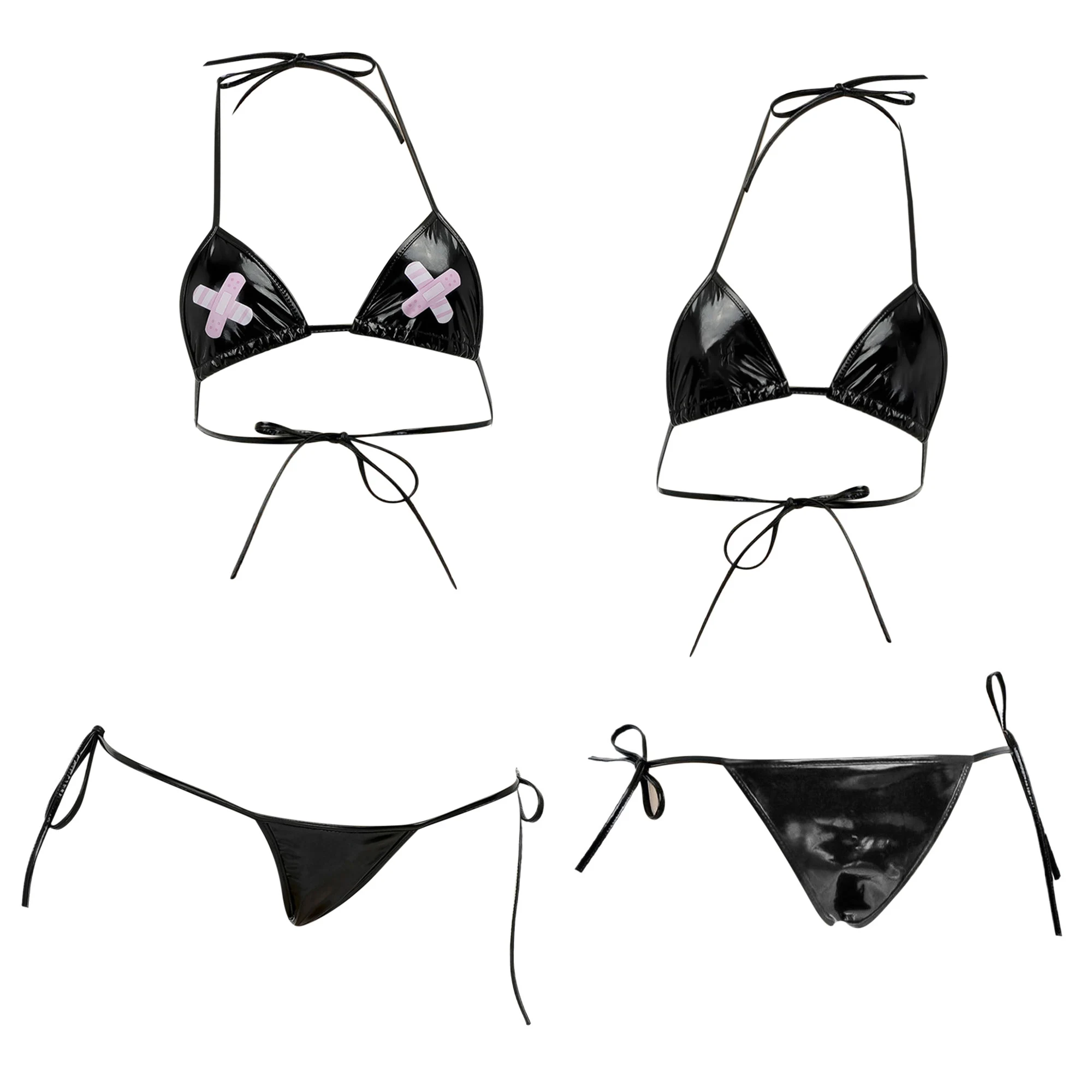 

Women Anime Printed Lingerie Set Triangle Cover Micro Bikini Bra Tops with Low Rise Side Tie Thong Briefs for Pool Beachwear