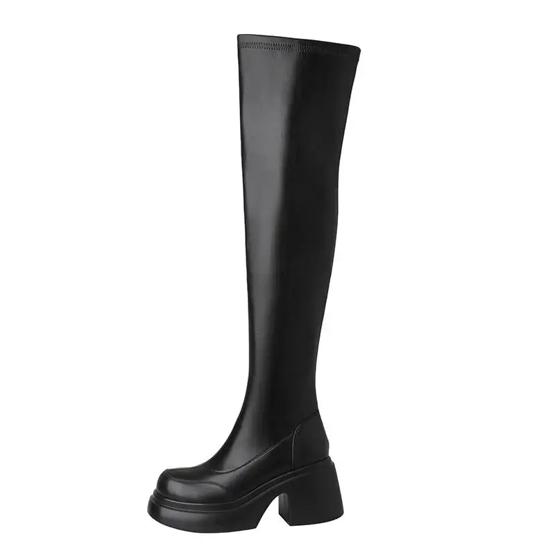 Krazing Pot New Cow Leather Round Toe Thick Bottom Platform Boots Winter Keep Warm Zipper Elastic Waterproof Over-the-knee Boots