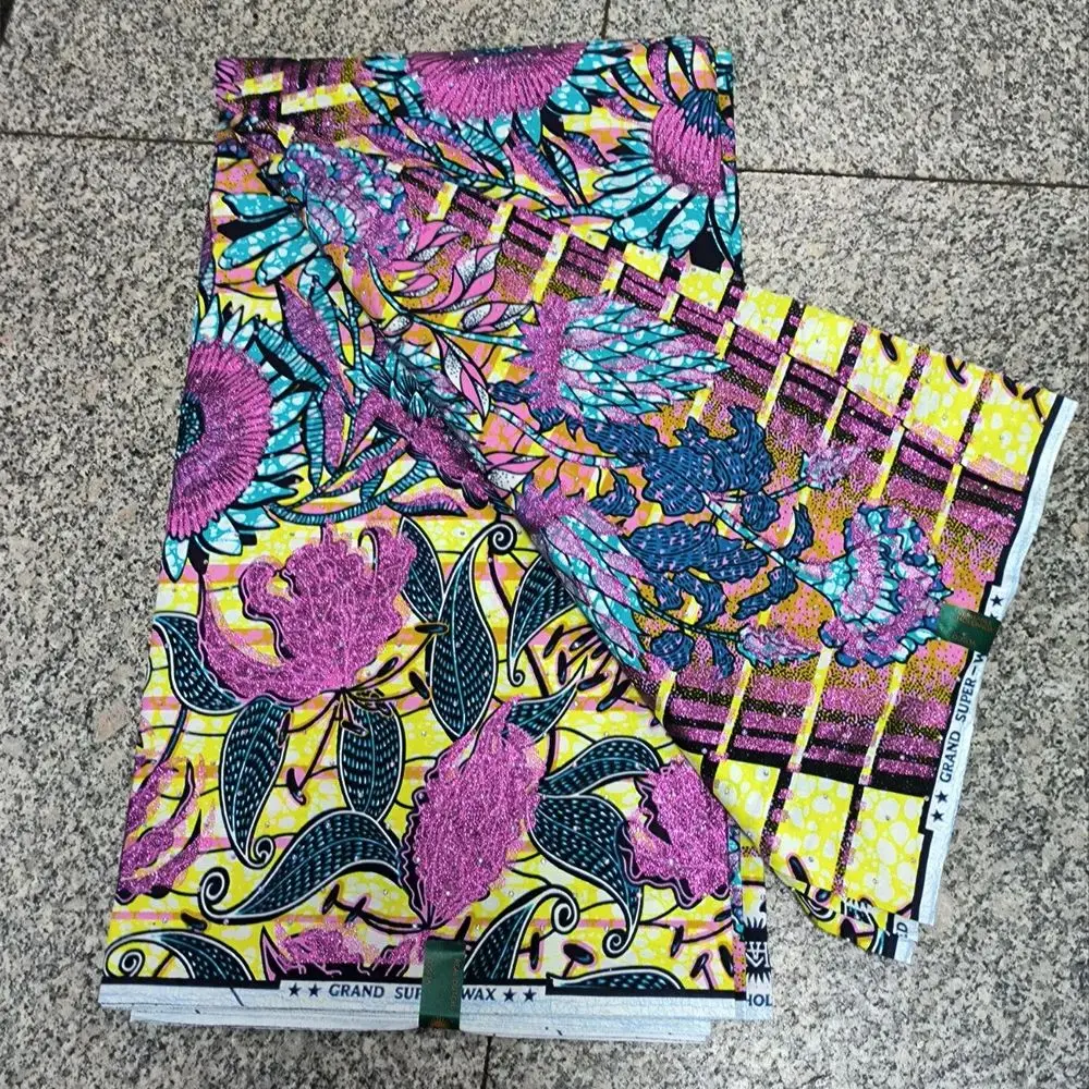 

Африканские золотые восковые принты со камнями, мягкая хлопчатобумажная восковая ткань, блестящая восковая ткань, женское праздничное платье, набедренная повязка, 6 ярдов