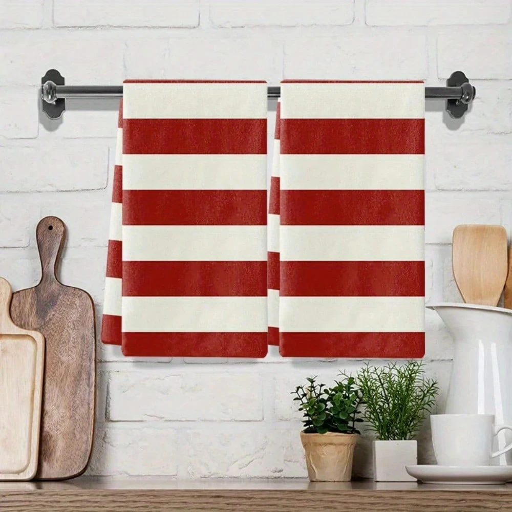 2-Pack Modern Red White Striped Towels | Retro Design | Soft Absorbent | Multi-Use as Hand Towel/Tea Towel/Cleaning Cloth