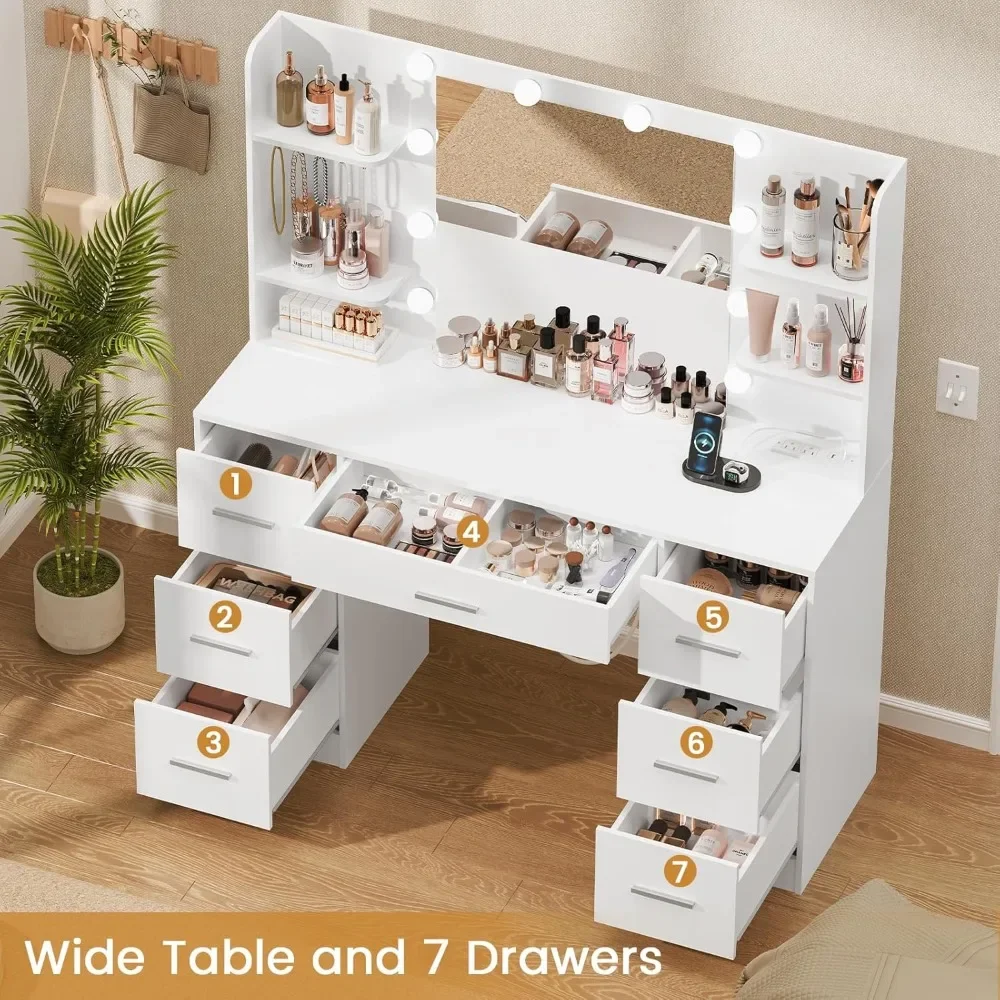 Large Vanity Desk with LED Lighted Mirror & Power Outlet, Makeup Vanity Table with 7 Drawers,4 Shelves and 5 Hooks, Vanity Table