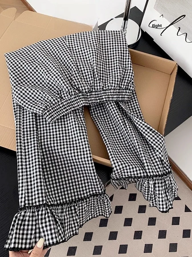 

Брюки с высокой талией и широкими штанинами в корейском стиле, асимметричные, из трикотажной ткани, летние, универсальные, в клетку, длиной девять десятых.